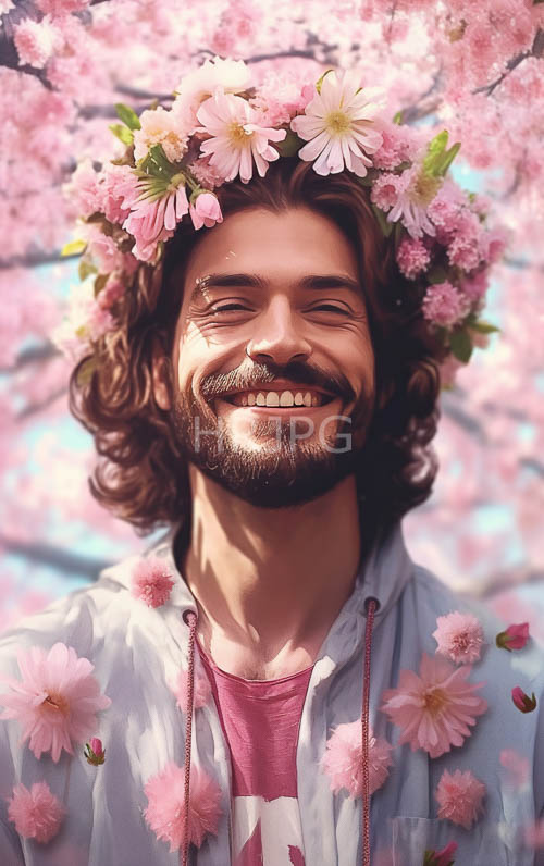 smiling bearded men wear light blue floral shirts