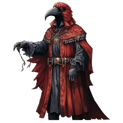 crimson feathered bird warriors wear tattered medieval cloaks