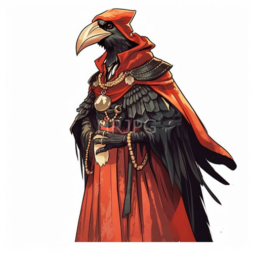black feathered crow characters wear red hooded cloaks