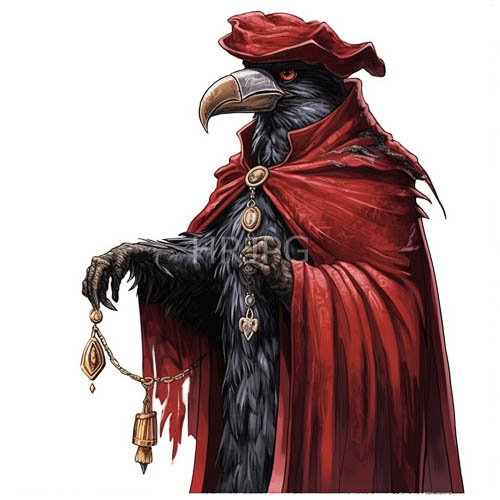 piercing red eyed crows wear tattered medieval robes