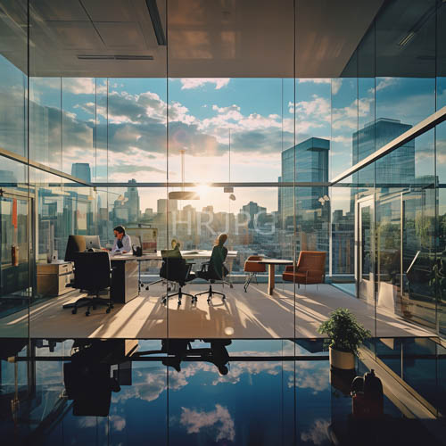 modern office spaces overlook city skylines at sunset