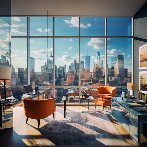 floor to ceiling glass reveals vibrant city skylines
