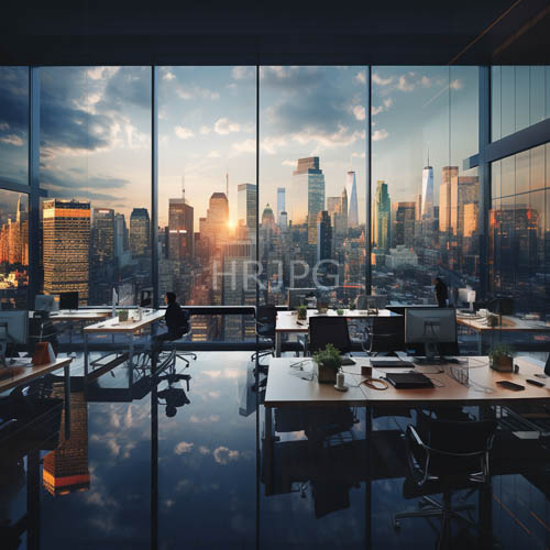 polished glass surfaces mirror sunset bathed city skyscrapers