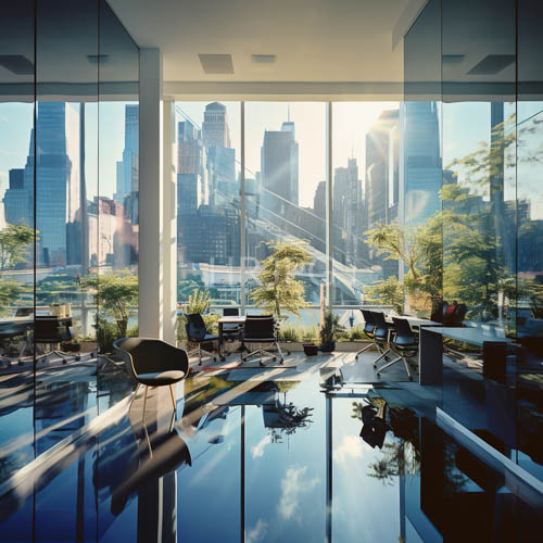 glossy blue tiled floors mirror urban city skyscrapers