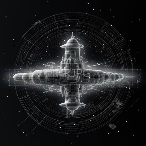symmetrical space stations shimmer with white light grids
