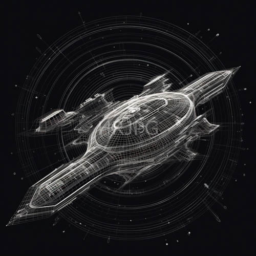 white wireframe spacecraft drift past concentric star patterns