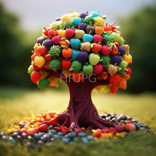 delicately crafted yarn fruits hang from knitted branches