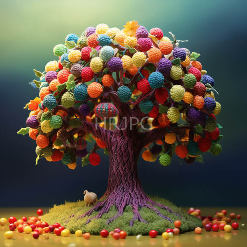 multicolored crocheted pom poms adorn vibrant purple trees