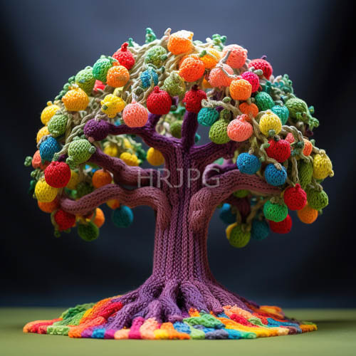vibrant multicolored yarn leaves grow from crocheted trees