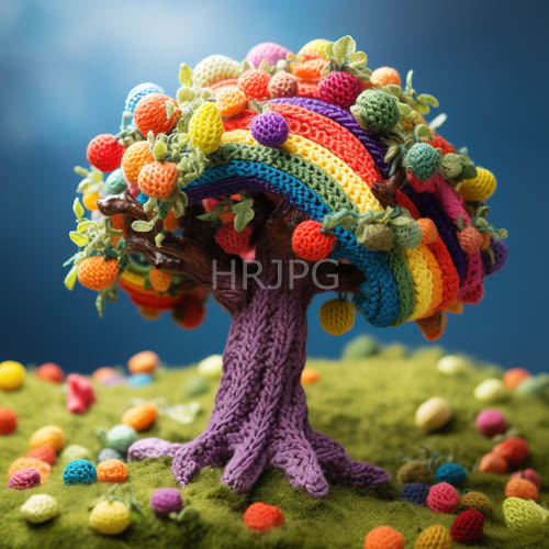 rainbow patterned foliage sits atop intricately crocheted trees