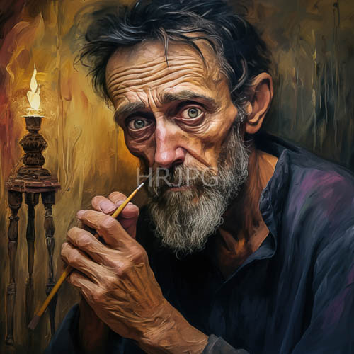 rust stained hands cradle burning torches illuminating wrinkled faces