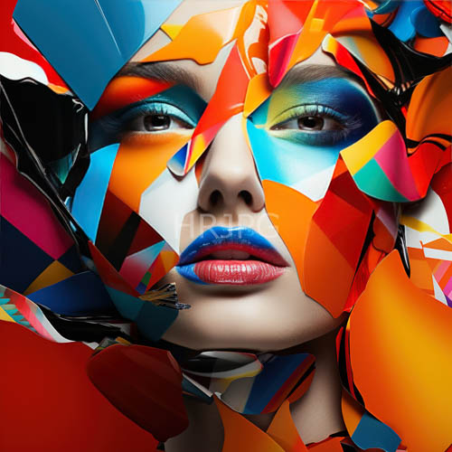 androgynous models appear obscured by colorful paper fragments