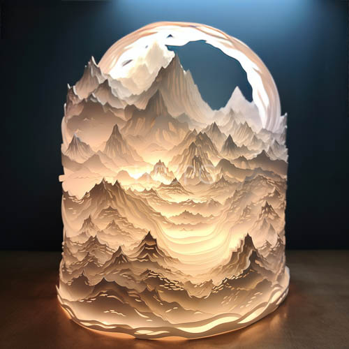 translucent glass lamps mimic mountainous terrain light glows