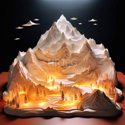 stylized mountain ranges glow with molten orange light