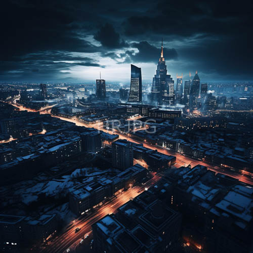 winter blanketed buildings define this urban nightscape view