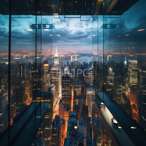 skyline vistas through large glass windows frame towers