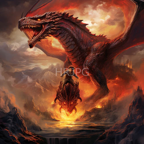 massive wings carry fierce red dragon above ruins