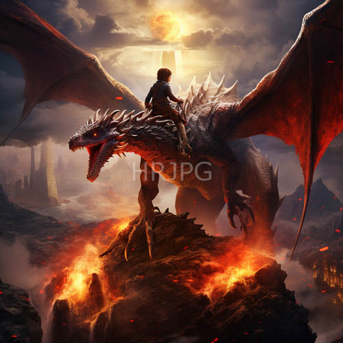 fiery volcanic rock grounds armored warrior on dragon
