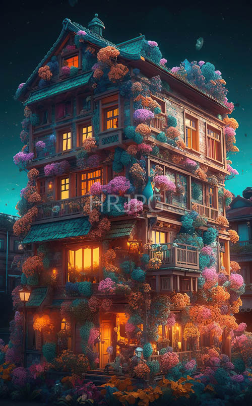 vibrant flower covered balconies adorn victorian building nights