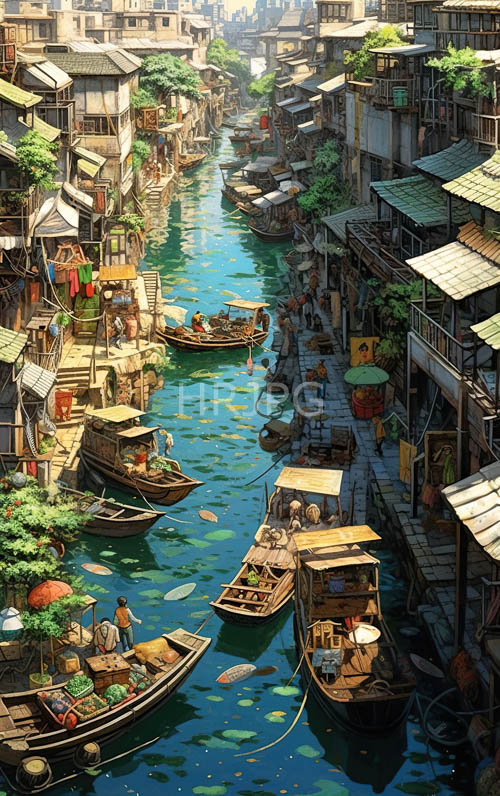 turquoise canal waters reflect asian style village structures