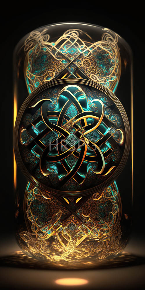 ornate celtic patterns define cylindrical glass container artifacts