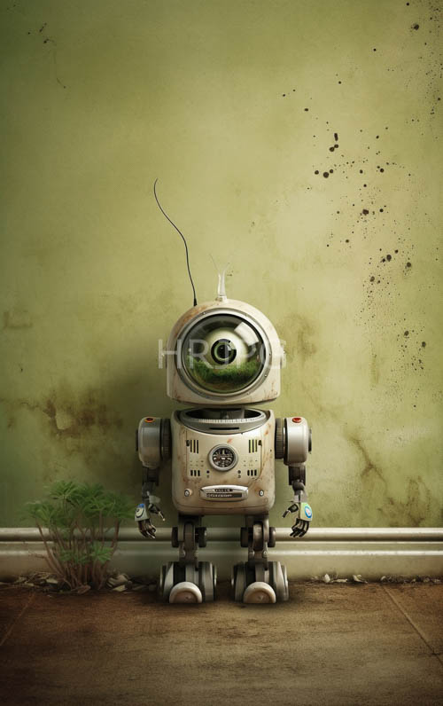 worn silver robot stands within cracked concrete ruins