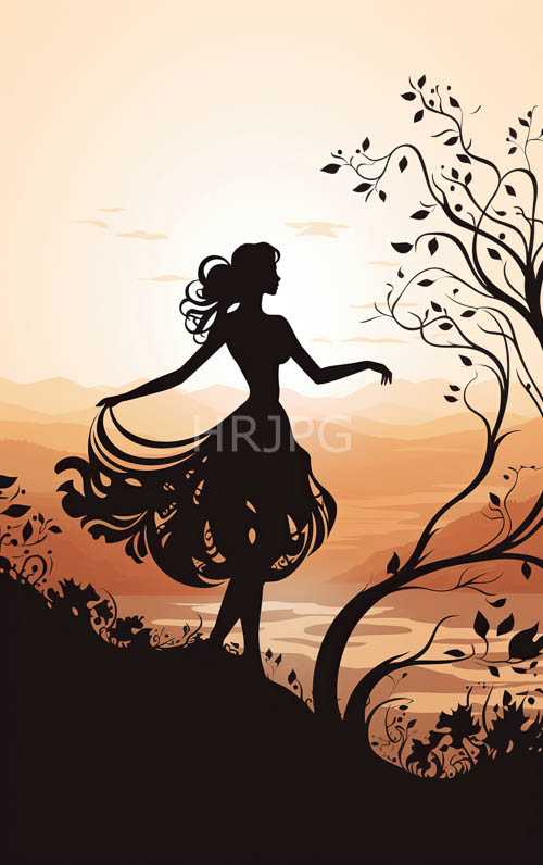 flowing ink silhouettes stand upon hillsides at sunset