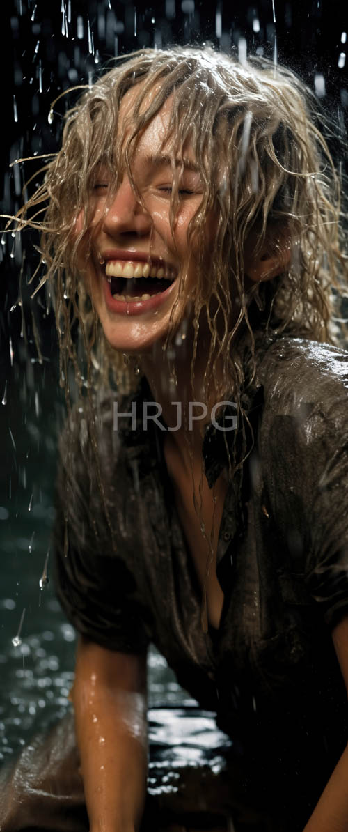 raindrops cling to skin of wet haired women