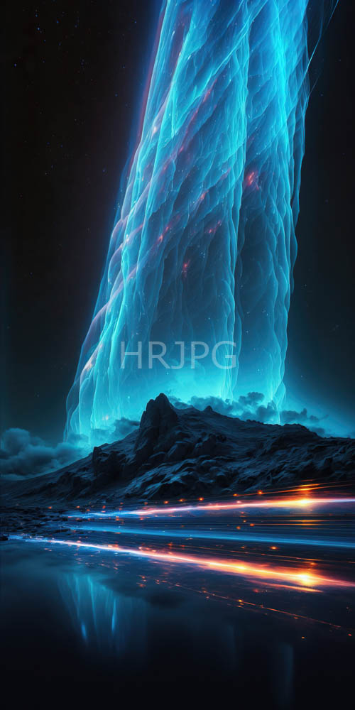 High Resolution: Glowing Blue Waterfalls Cascade Over Dark Mountain Peaks download. | HRJPG.com