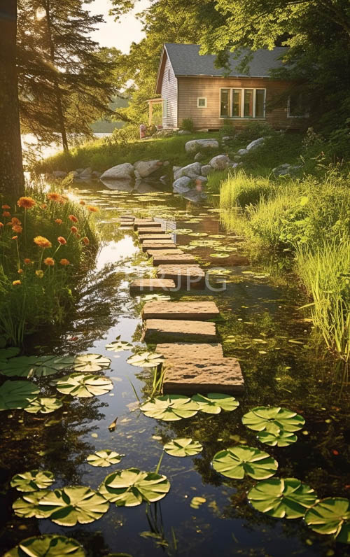lily pad ponds lead toward rustic wooden houses