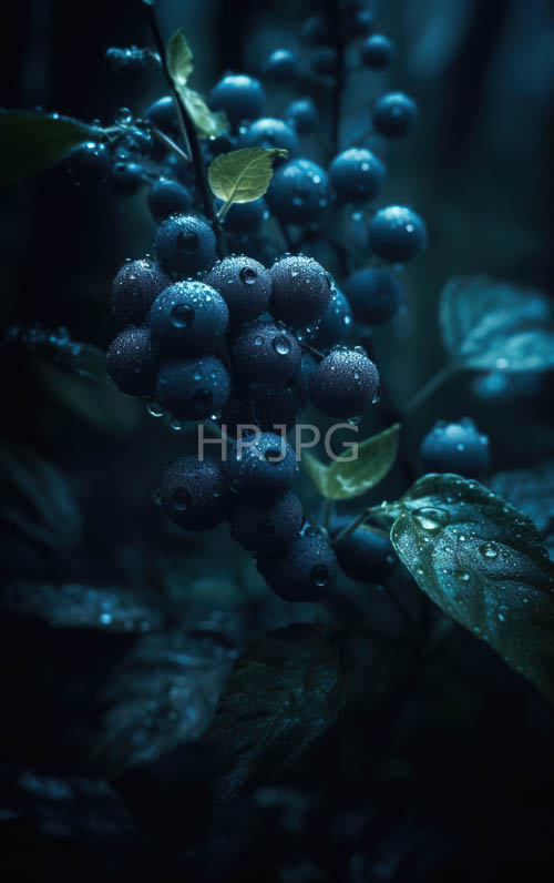 sunless blueberries shimmer with morning dewdrops forest night