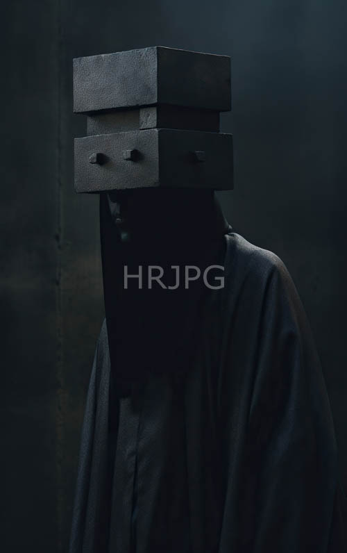 stacked black boxes cover eyes of anonymous figures