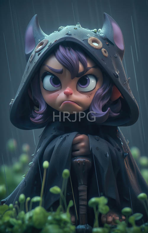 purple haired mice brandish swords within rainy greenery settings