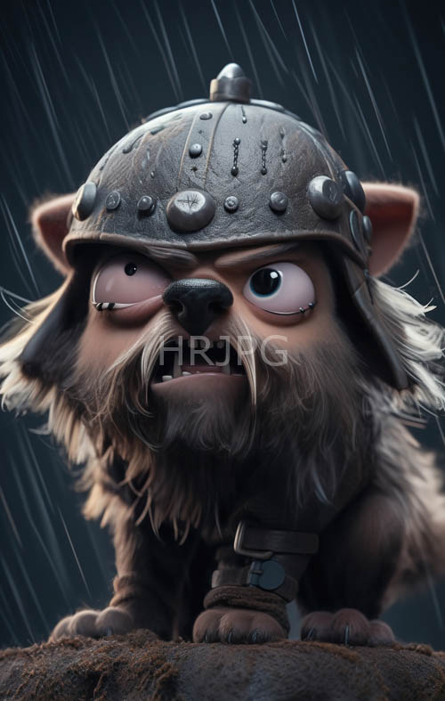 brushed metal helmeted wolves brave heavy rain in viking gear