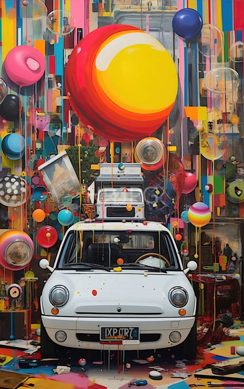 upside down white vehicles appear surrounded by colorful balloons