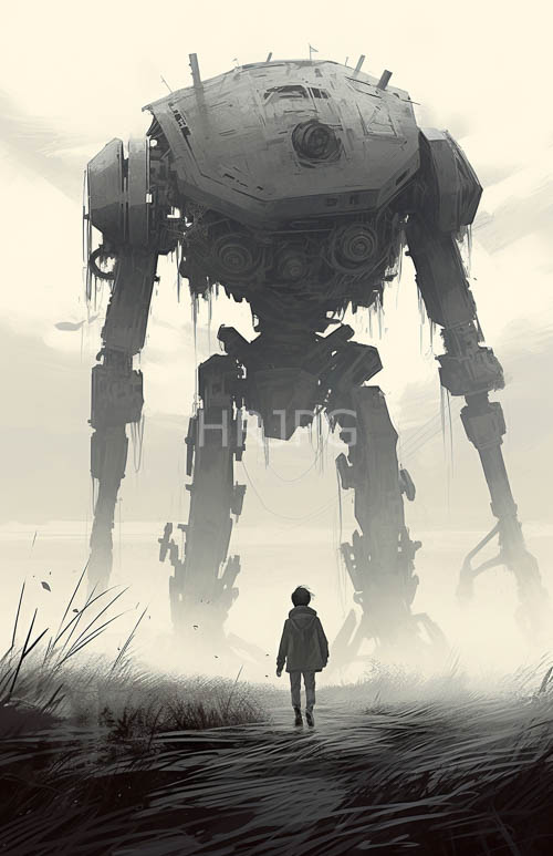 mechanical giants stand within industrial grayscale landscape art scenes