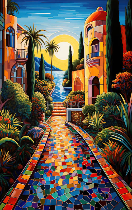 mediterranean garden pathways lead toward sunlit lake views today