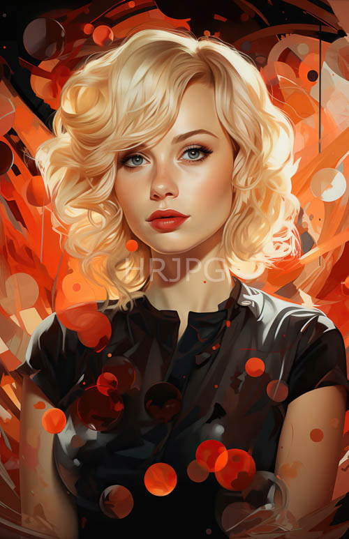 curly haired blonde women wear black against abstract backgrounds