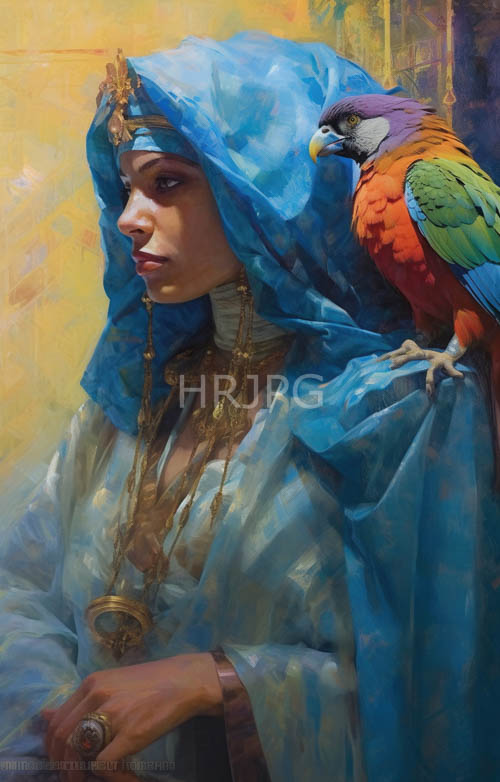 thoughtful middle eastern women wear blue robes gold jewelry