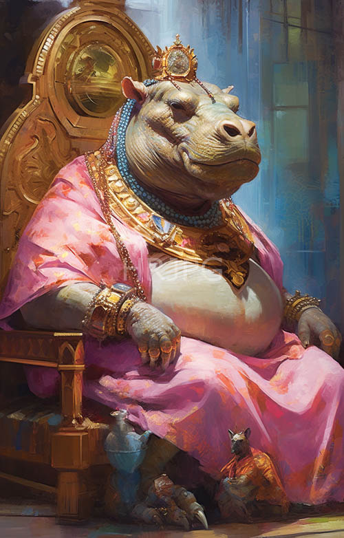ornately throned hippo kings sit amidst blue beaded carvings