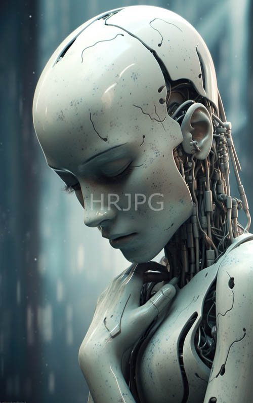 cracked metallic humanoids exhibit contemplative states amidst lighting