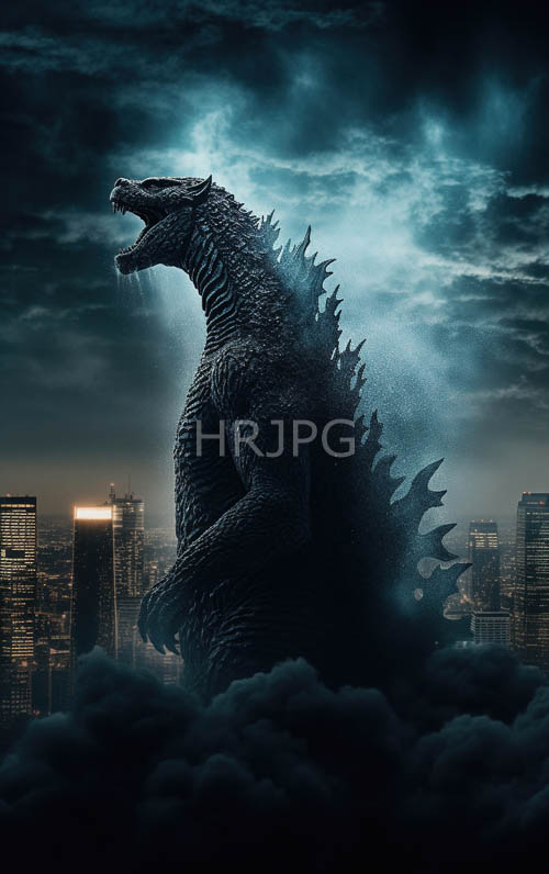 looming reptilian monsters stalk urban cityscapes at night
