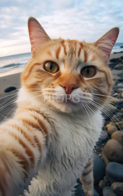selfies capture orange tabby cats at rocky beaches