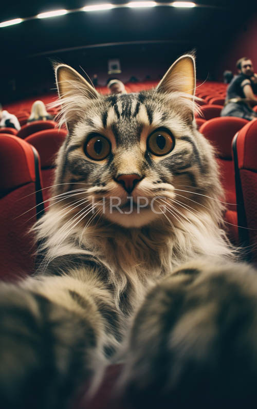 tabby cats sit quietly inside red cinema seats