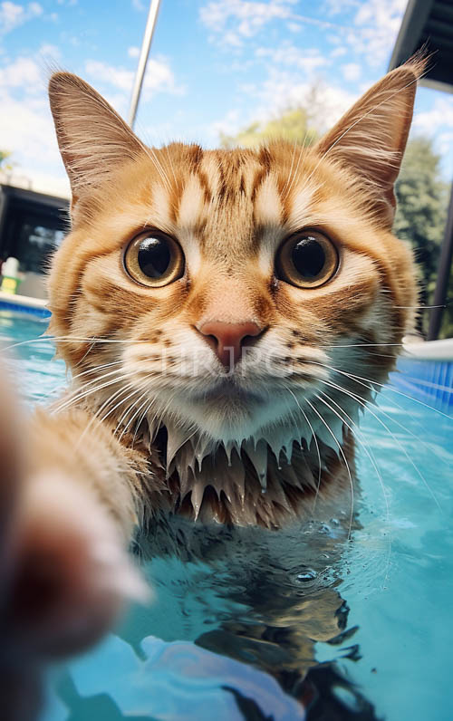 splashing orange tabby cats play inside swimming pools