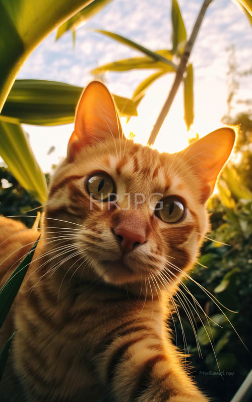 sunlit bamboo leaves frame orange tabby cat faces