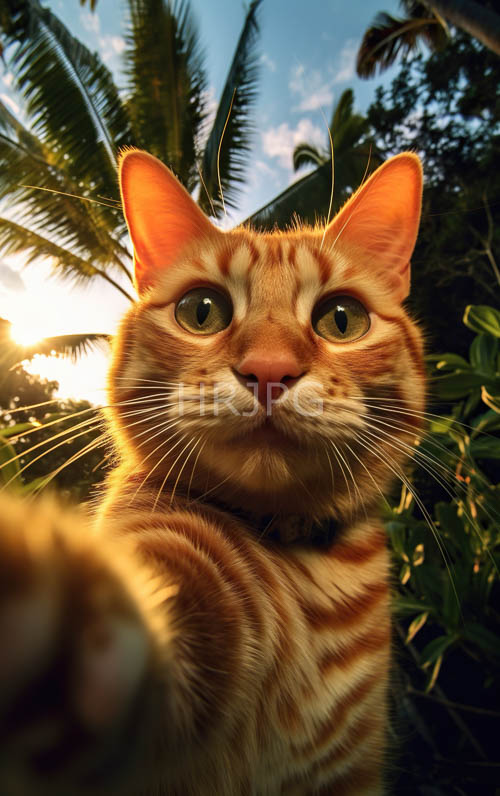 High Resolution: Tropical Foliage Defines Sun Drenched Orange Tabby Scenes download. | HRJPG.com