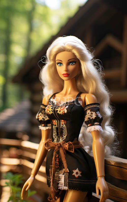 elegant platinum blonde barbie dolls stand near cabins