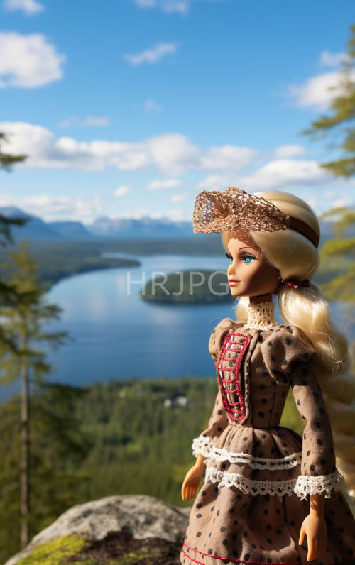 antique blonde dolls stand on rocky lake terrain