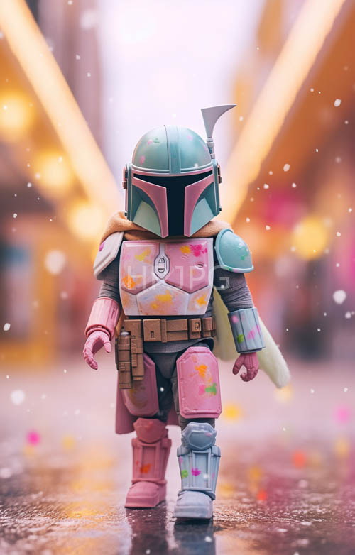 miniature boba fett figures stand on wet pavement